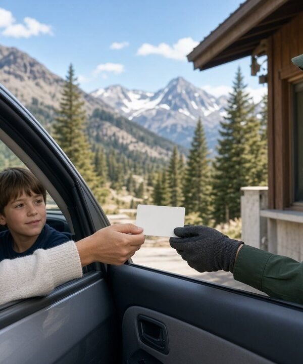 Family in a car handing a park pass to a ranger at a national park entrance gate with mountains behind