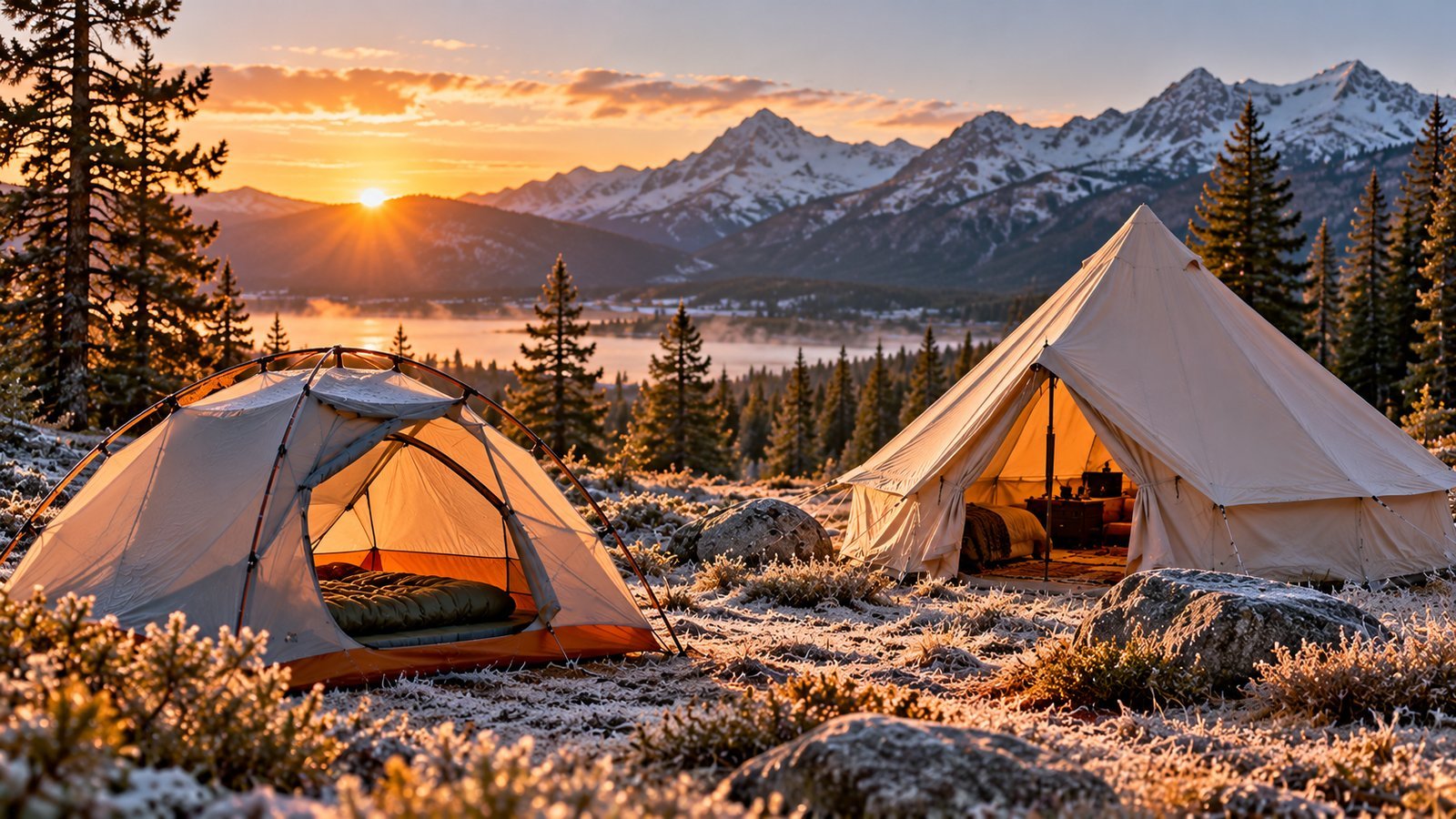 Nylon dome tent and canvas tent side by side at a frosty campsite at sunrise