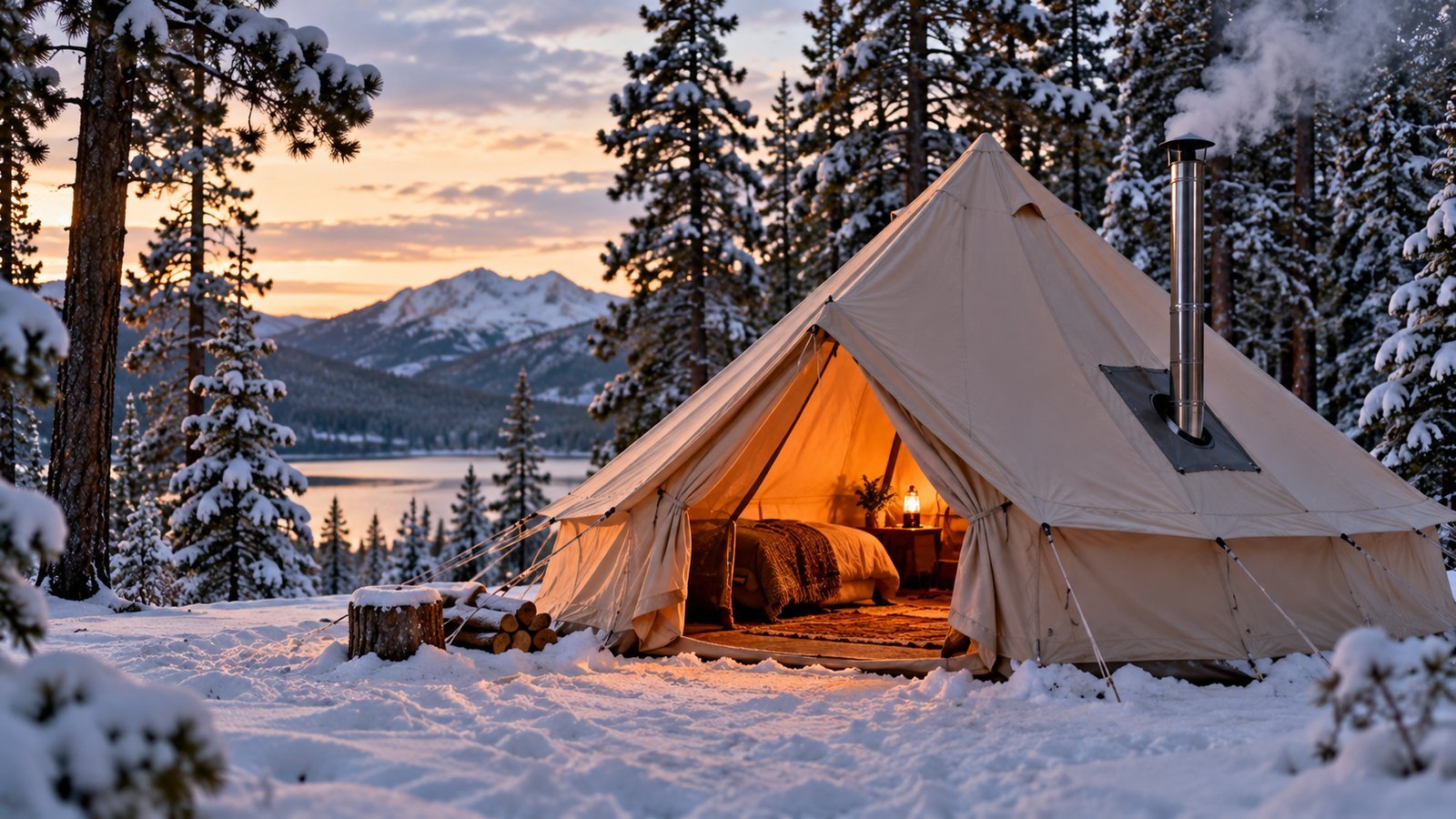 Canvas bell tent in snowy woods with a stovepipe through a stove jack