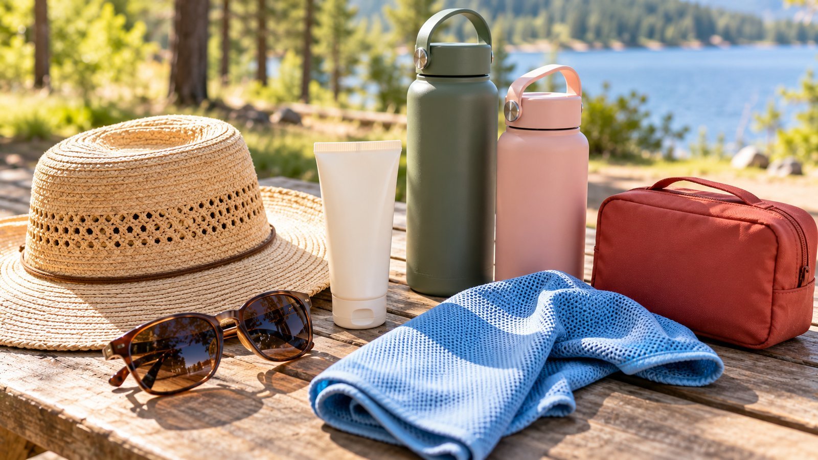 Hot-weather camping gear on a picnic table: hat, sunglasses, sunscreen, water bottles and cooling towel