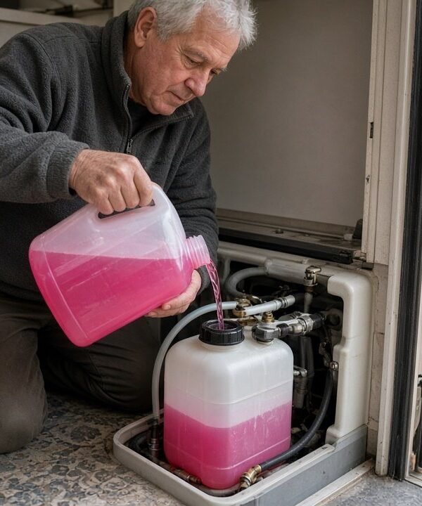 Man pouring pink RV antifreeze to winterize his RV water lines