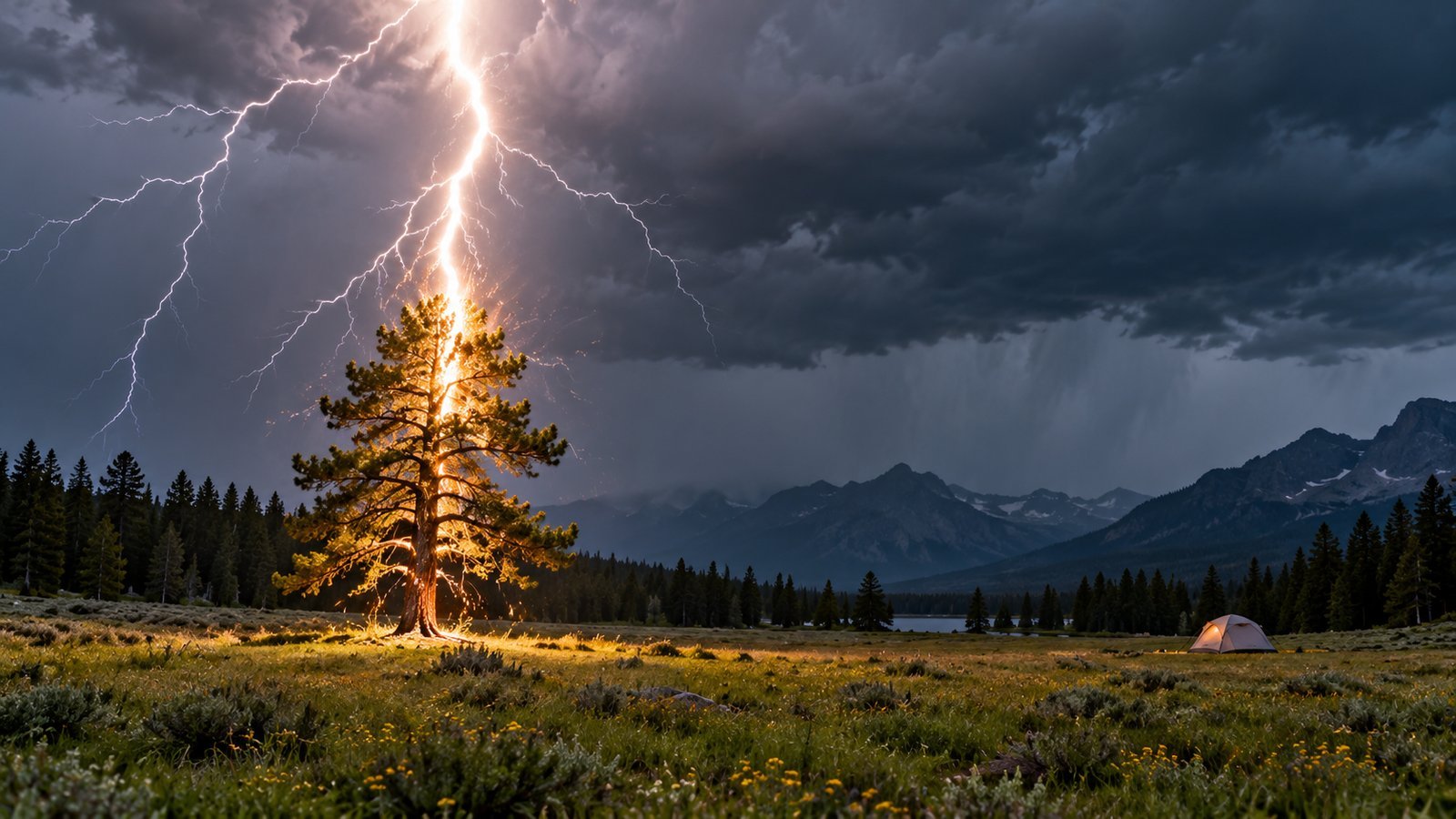 Lightning striking a lone tree in an open meadow with a distant tent under storm clouds