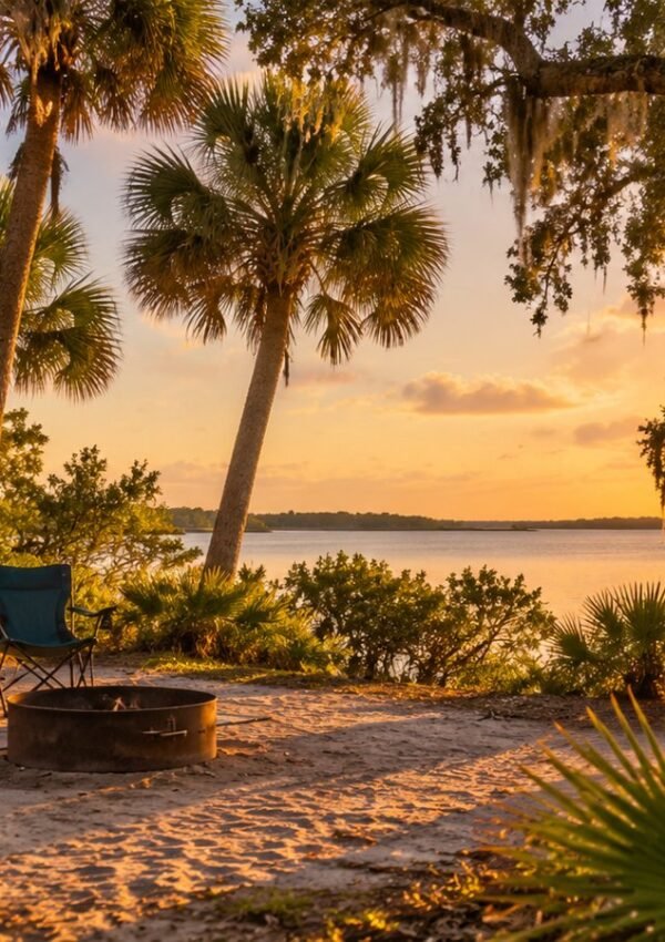 Florida campsite with tent and fire ring at sunset under palms