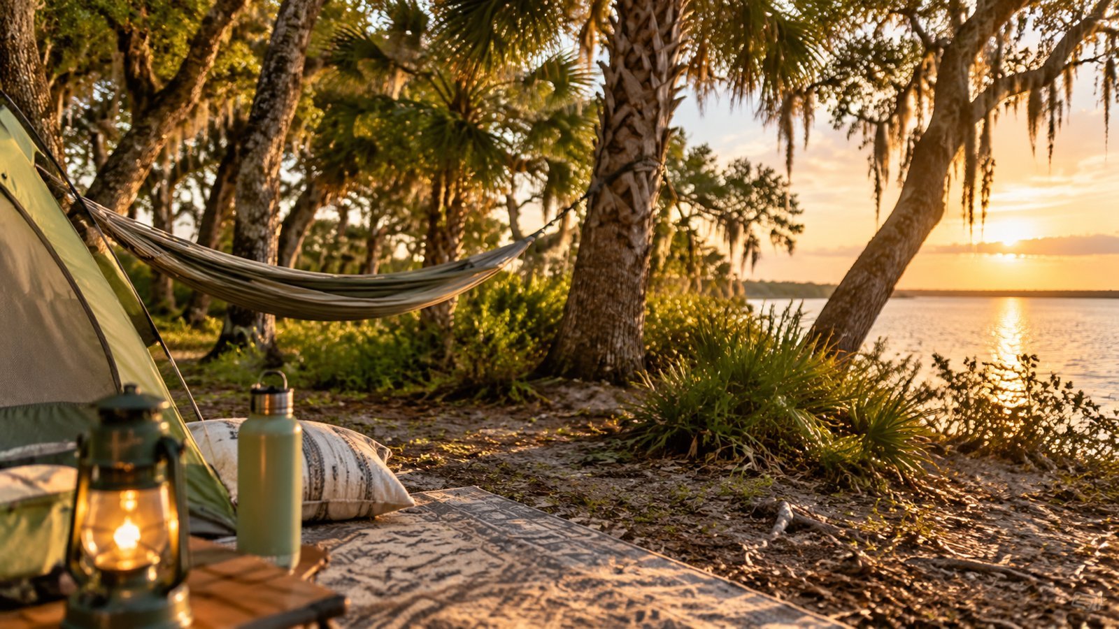 Florida campsite with hammock, lantern and water bottle by the water