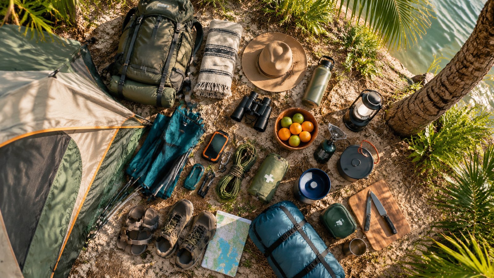 Camping gear laid out on sand under palm trees in Florida