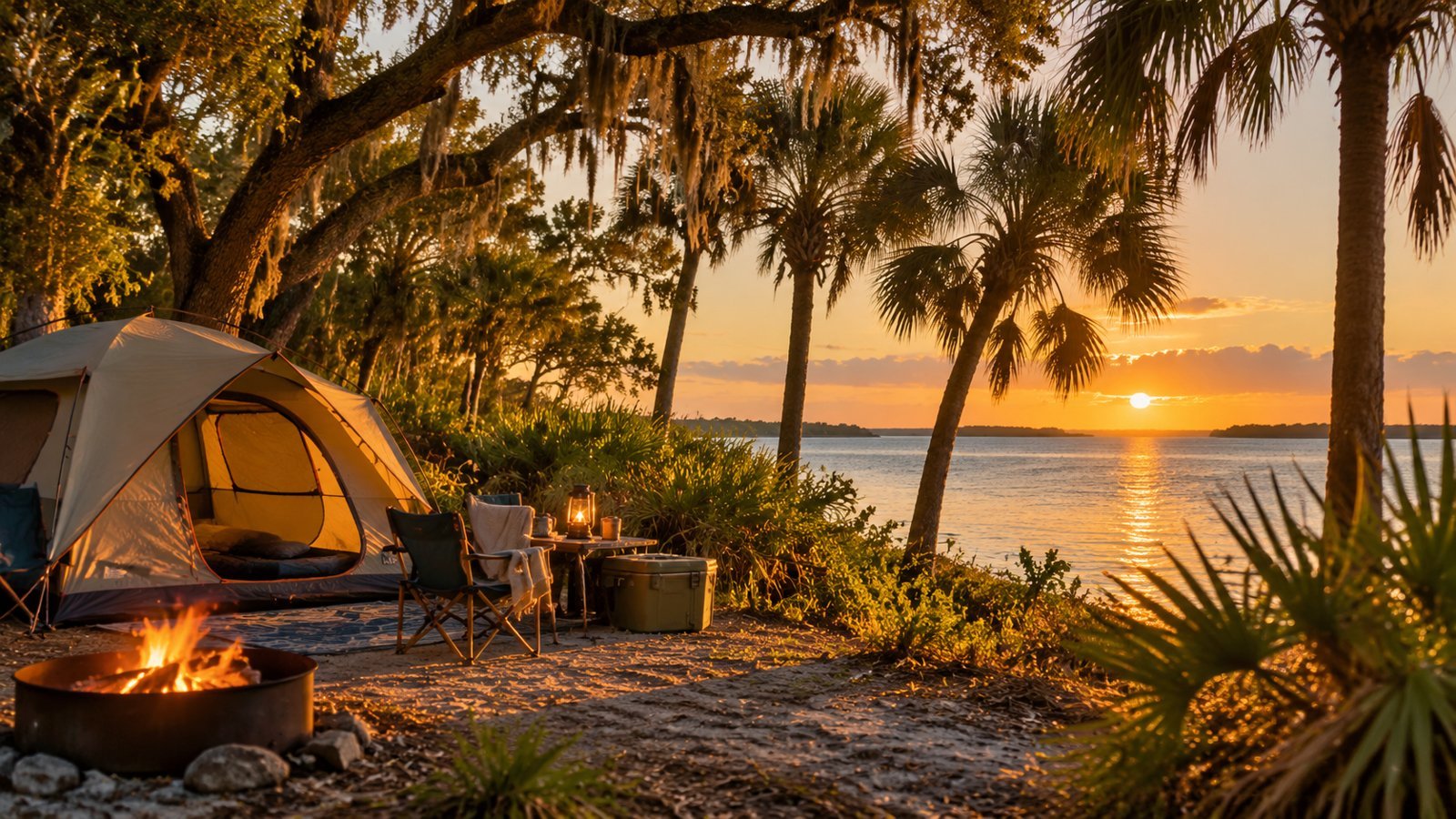 Tent and campfire at a Florida lakeside campsite at sunset