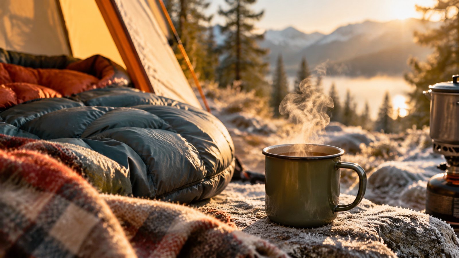 Sleeping bag and plaid blanket with a hot drink on frosty ground