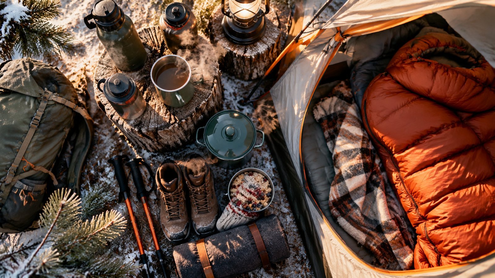 Cold-weather camping gear and boots laid out on frosty ground
