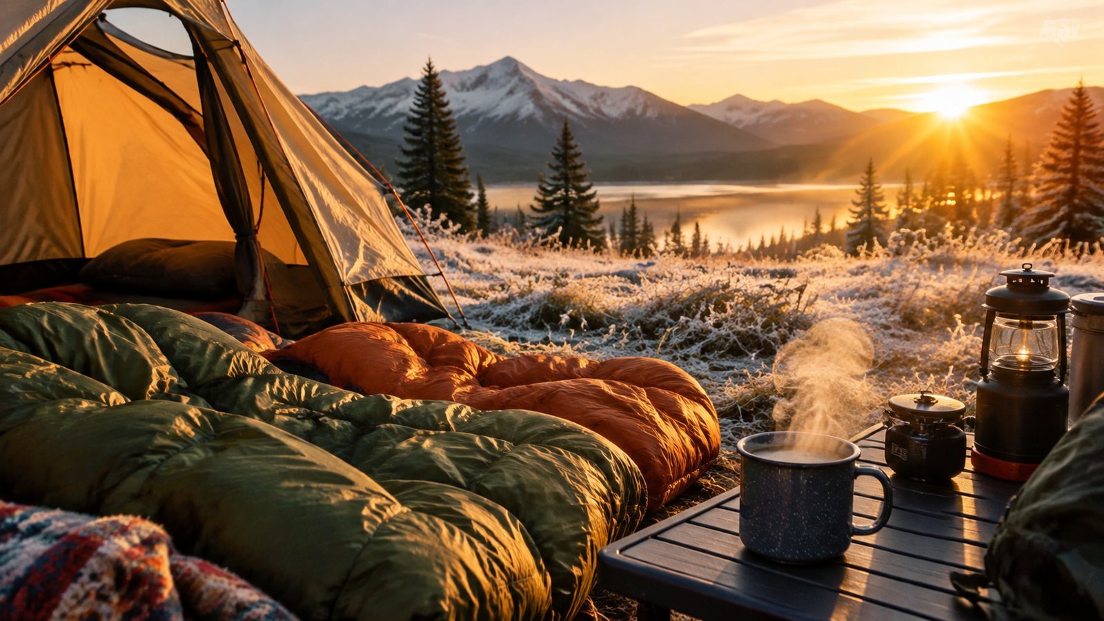 Tent with warm sleeping bags and a lantern at a mountain campsite at sunrise