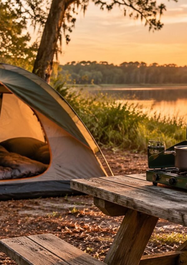Budget-friendly tent campsite with camp stove at a picnic table at sunset