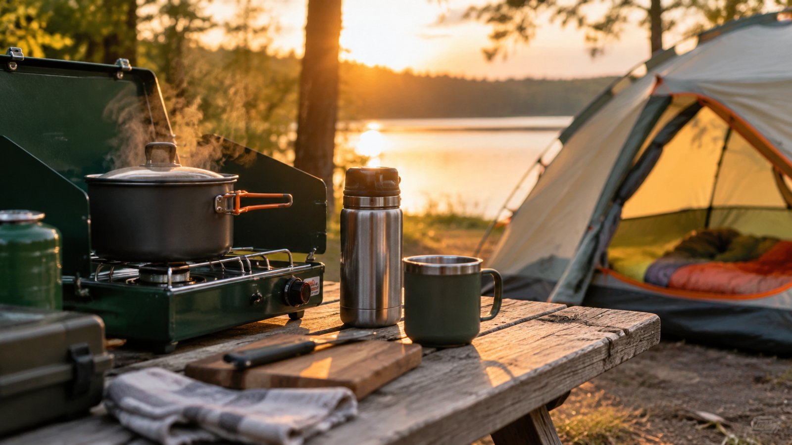 Camp stove and thermos on a picnic table beside a lake