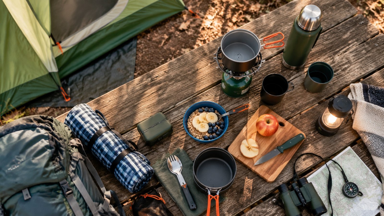 Simple camp meal and low-cost gear laid out on a wooden table
