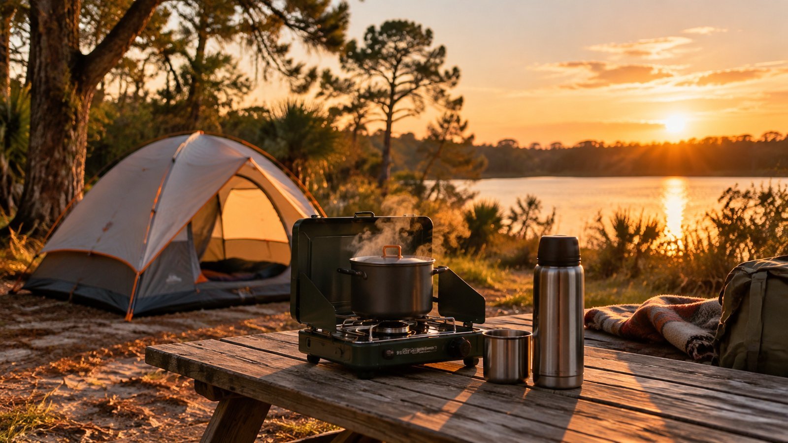 Tent and camp stove cooking at a lakeside campsite at sunset
