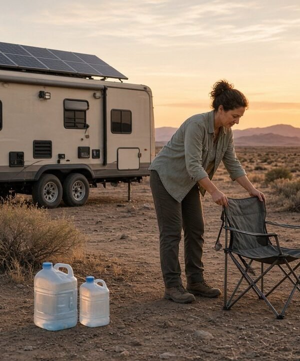 Travel trailer with solar panels boondocking on open desert land at sunset