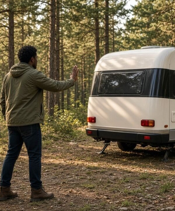 Young couple guiding their small travel trailer into a wooded campsite on their first RV trip