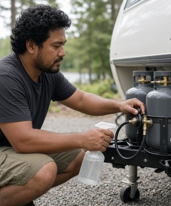 Man checking the propane tank regulator and hose on his travel trailer for leaks