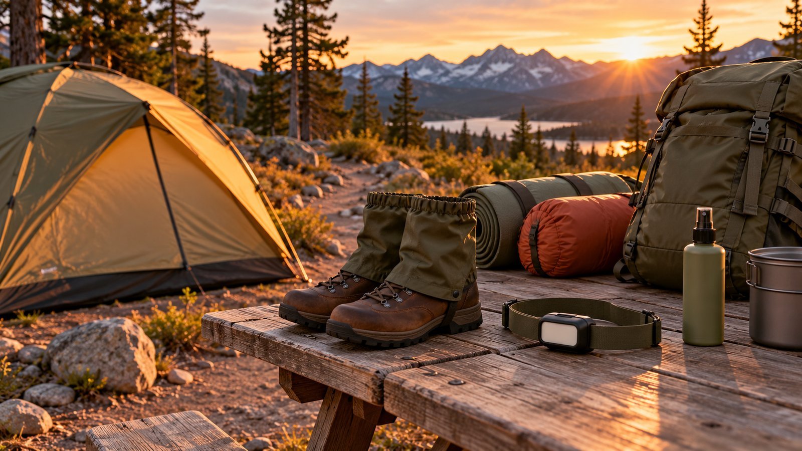 Zipped tent, gear on a picnic table, boots with gaiters and a headlamp at a campsite at dusk