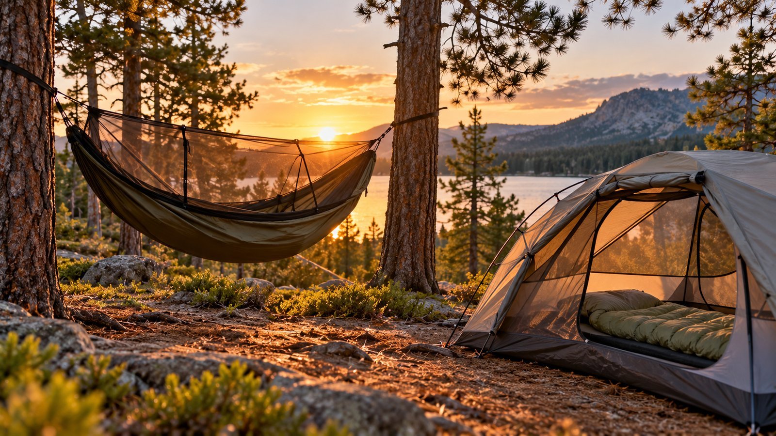Bug-net hammock between pines beside a mesh tent with a light sleeping bag