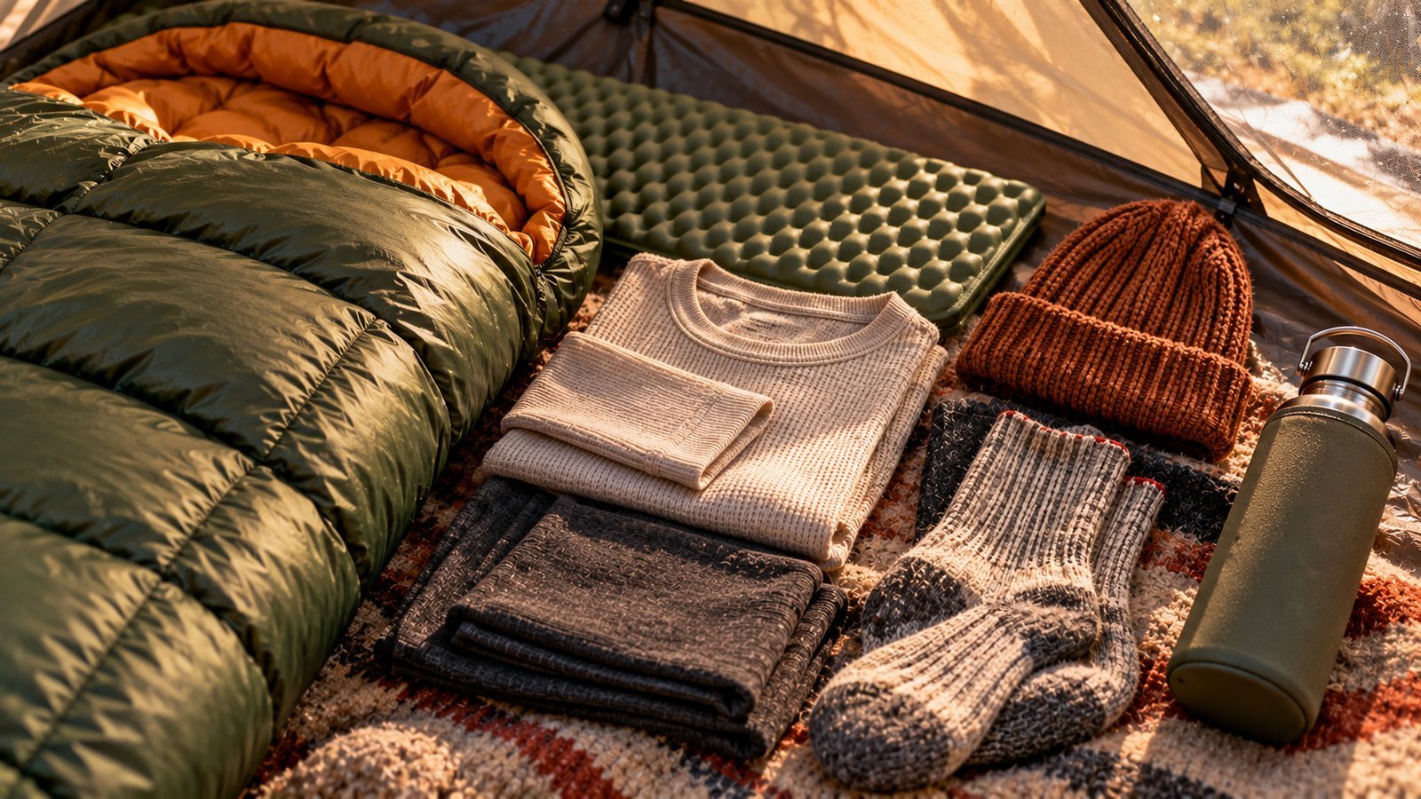 Down sleeping bag, foam pad, wool layers and beanie laid out on a tent floor
