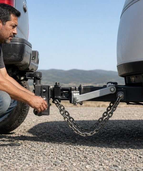 Man checking the hitch, sway control and safety chains between his truck and travel trailer