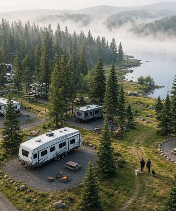 RV campground sites along a forested lake at a state park