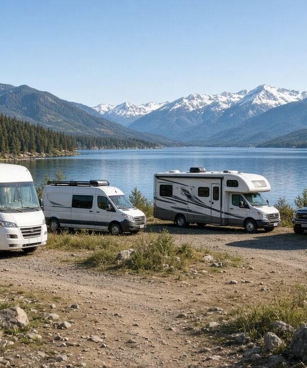 Different RV types including a motorhome, camper van and fifth wheel parked at a lakeside campground