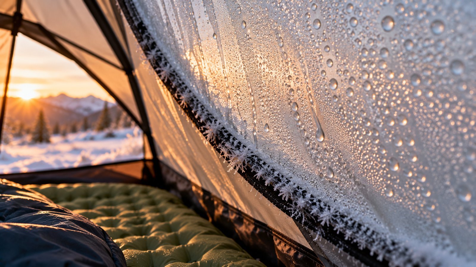 Condensation droplets on an inner tent wall with frost and an insulated pad below
